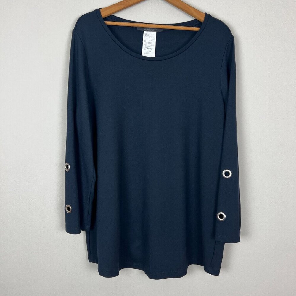 MARINA RINALDI Tunic Top Womens Large Navy Blue Grommet Long Sleeve Knit Blouse‎